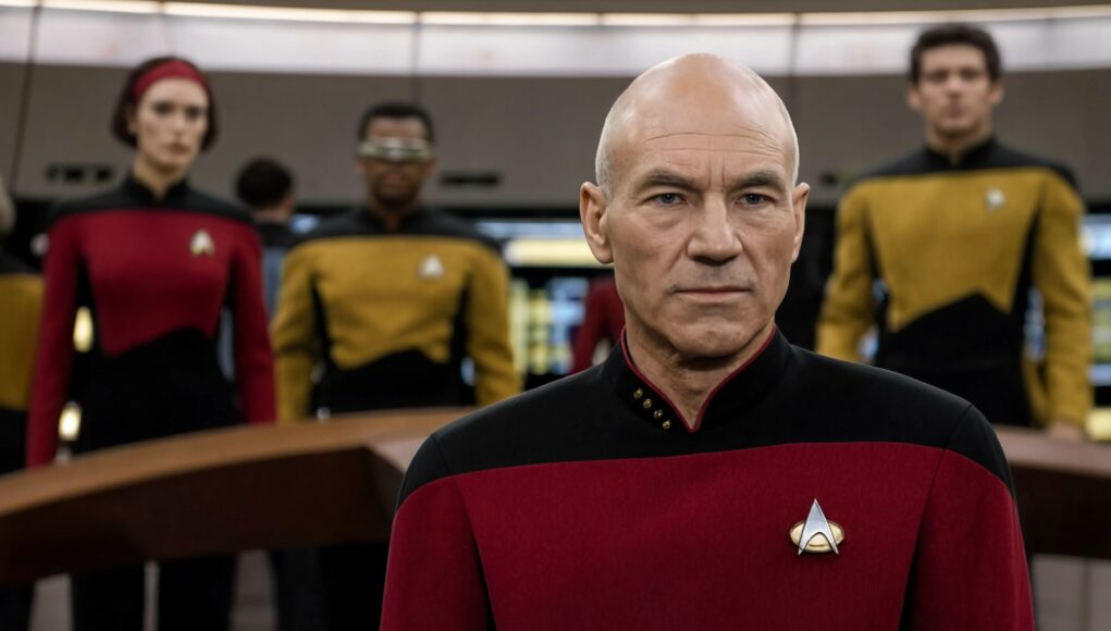 Kapteeni Jean-Luc Picard univormussa Star Trek: The Next Generation -sarjan komentosillalla, taustalla näkyy muuta miehistöä.