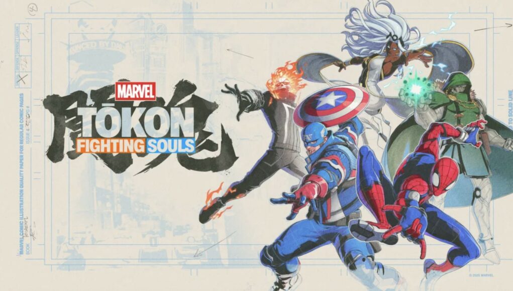Marvel Tōkon Fighting Souls -aiheinen kuvitus, jossa sarjakuvasankarit Kapteeni Amerikka, Hämähäkkimies, Ghost Rider, Storm ja Tohtori Doom poseeraavat luonnosmaisella ja sarjakuvapaperia muistuttavalla taustalla.