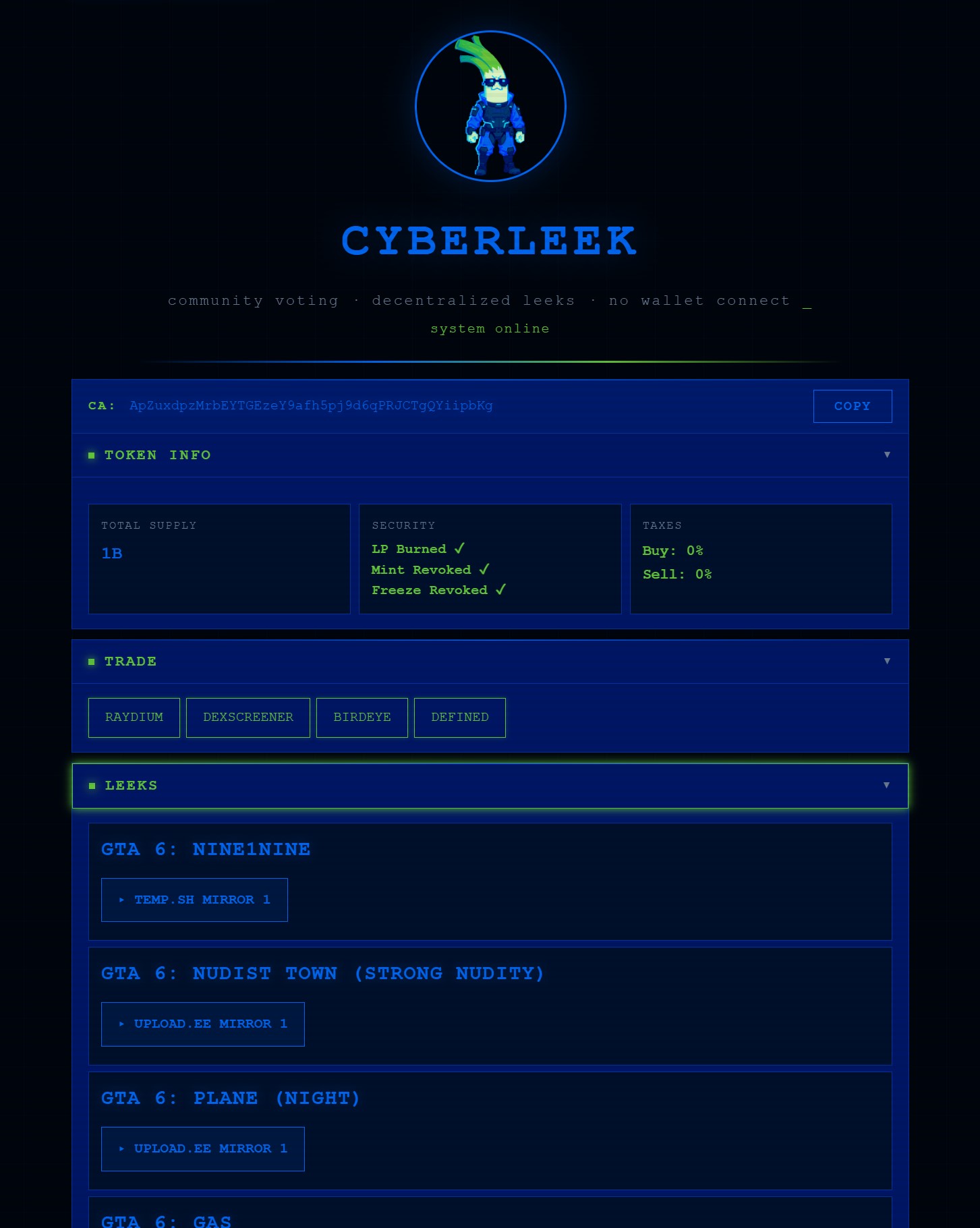 CYBERLEEK-nimisen kryptovaluuttasivuston verkkosivunäkymä, jossa näkyvät tokenin tiedot, sopimusosoite (CA) ja listaukset GTA 6 -aiheisille vuodoille.