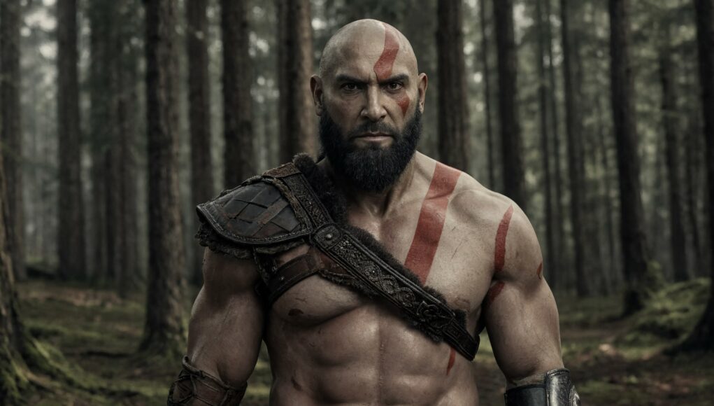 dave-bautista-kratos-havainnekuva Kratos-hahmoa muistuttava lihaksikas ja kalju mies, jolla on kasvoissaan ja vartalossaan punaiset sotamaalaukset, seisoo metsässä vakavan näköisenä.