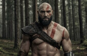 Hän on seuraava God of War -tv-sarjan Kratos? Kratos-hahmoa muistuttava lihaksikas ja kalju mies, jolla on kasvoissaan ja vartalossaan punaiset sotamaalaukset, seisoo metsässä vakavan näköisenä.