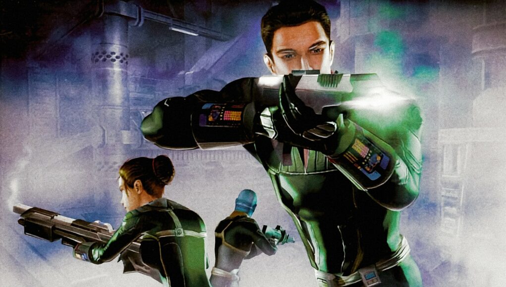 star-trek-eliteforce-2 Tulevaisuuden scifi-sotilaita tummissa, vihreissä ja mustissa asuissa tähtäämässä aseillaan hämyisässä ja usvaisessa ympäristössä.