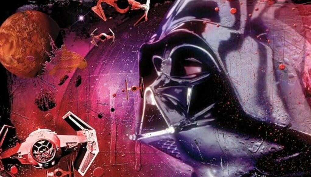 star-wars-yleiskuva Darth Vaderin profiili Star Wars -aiheisessa taideteoksessa, jonka taustalla avaruudessa lentää TIE-hävittäjiä punertavassa ja magentahehkuisessa ympäristössä.