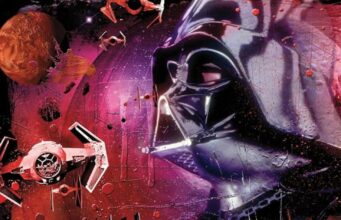 Miksi parhaat Star Wars -pelit lakkasivat yrittämästä olla elokuvia? Darth Vaderin profiili Star Wars -aiheisessa taideteoksessa, jonka taustalla avaruudessa lentää TIE-hävittäjiä punertavassa ja magentahehkuisessa ympäristössä.