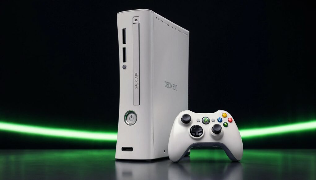 xbox-360-konsoli Valkoinen Xbox 360 -pelikonsoli ja siihen kuuluva langaton ohjain pystyssä tummaa taustaa vasten, jota korostaa vihreä valojuova.