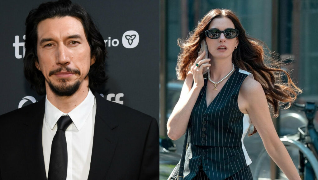 adam-driver-anne-hathaway Kuvakollaasi, jonka vasemmalla puolella on pukuun ja solmioon pukeutunut näyttelijä Adam Driver ja oikealla puolella aurinkolaseja käyttävä näyttelijä Anne Hathaway ulkona.
