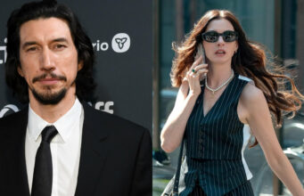 Adam Driver ja Anne Hathaway tähdittävät Ron Howardin uutta sotaelokuvaa Kuvakollaasi, jonka vasemmalla puolella on pukuun ja solmioon pukeutunut näyttelijä Adam Driver ja oikealla puolella aurinkolaseja käyttävä näyttelijä Anne Hathaway ulkona.