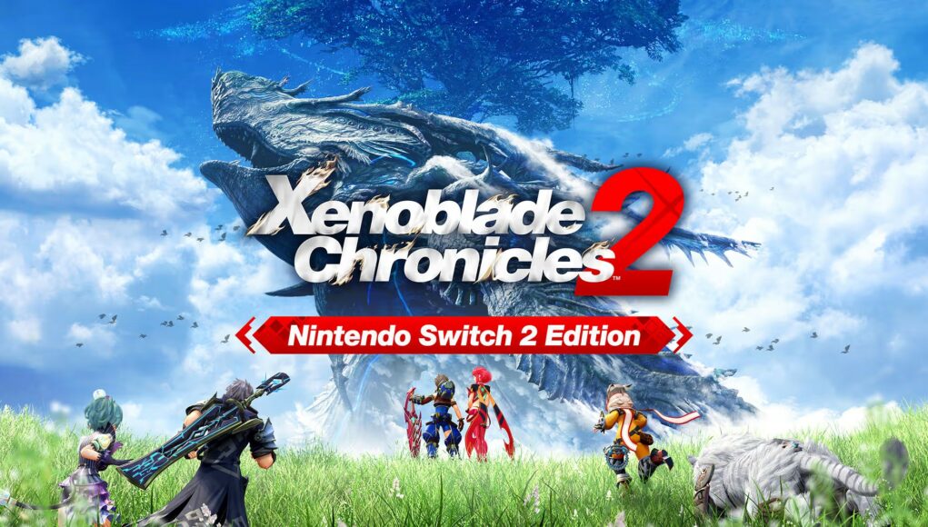 artikkelikuva Xenoblade Chronicles 2: Nintendo Switch 2 Edition -pelin kansi- ja artikkelikuva. Keskellä näkyy pelin logo ja sen alapuolella punainen palkki tekstillä ”Nintendo Switch 2 Edition”. Taustalla kohoaa valtava lohikäärmemäinen titaani ja kaukainen Maailmanpuu kirkkaan sinistä, pilvistä taivasta vasten. Etualalla vihreällä ruohoniityllä seisovat pelin päähahmot Rex, Pyra ja heidän toverinsa.