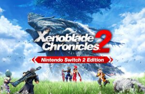 Xenoblade Chronicles 2 – Nintendo Switch 2 Edition -arvostelu – Joko tätä vihdoin kannattaa pelata? Xenoblade Chronicles 2: Nintendo Switch 2 Edition -pelin kansi- ja artikkelikuva. Keskellä näkyy pelin logo ja sen alapuolella punainen palkki tekstillä ”Nintendo Switch 2 Edition”. Taustalla kohoaa valtava lohikäärmemäinen titaani ja kaukainen Maailmanpuu kirkkaan sinistä, pilvistä taivasta vasten. Etualalla vihreällä ruohoniityllä seisovat pelin päähahmot Rex, Pyra ja heidän toverinsa.