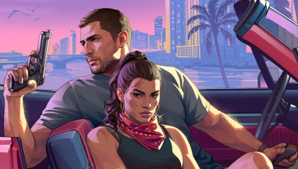 Grand Theft Auto VI -pelin promokuva, jossa Lucia ja Jason istuvat avoautossa neonvärisessä kaupunkimaisemassa iltahämärässä, ja Jason pitää kädessään pistoolia.