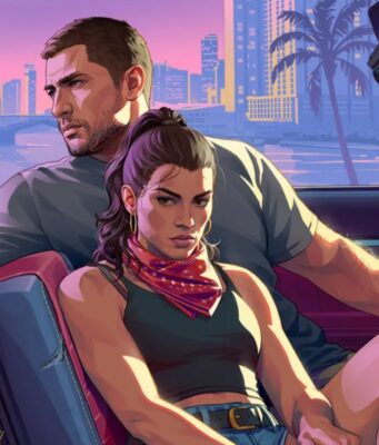 Grand Theft Auto VI:stä julkaistiin 12 uutta kuvaa ja laajasti uutta tietoa Grand Theft Auto VI -pelin promokuva, jossa Lucia ja Jason istuvat avoautossa neonvärisessä kaupunkimaisemassa iltahämärässä, ja Jason pitää kädessään pistoolia.