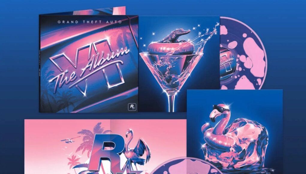 gta6-the-album-soundtrack Grand Theft Auto -aiheisen albumin fyysinen julkaisupaketti, johon kuuluu vaaleanpunasinertävä vinyylilevy, levynkannet, taidekortteja sekä Miami-henkistä estetiikkaa ja alligaattoriteemaisia kuvituksia.