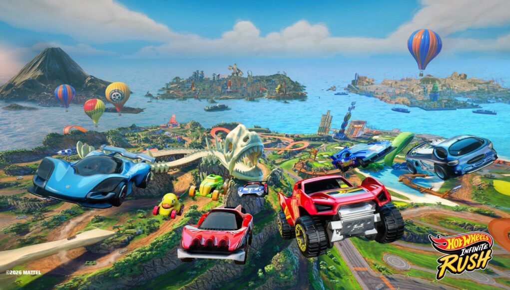 hot-wheels-infinite-rush-arvostelu Hot Wheels Infinite Rush -pelin promootiokuva, jossa värikkäät leikkiautot ajavat vauhdikkaasti pitkin autoratoja vehreässä ja aurinkoisessa saaristomaisemassa.
