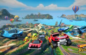 Hot Wheels Infinite Rush -arvostelu – Lisensoidut pikkuautot maailmalla Hot Wheels Infinite Rush -pelin promootiokuva, jossa värikkäät leikkiautot ajavat vauhdikkaasti pitkin autoratoja vehreässä ja aurinkoisessa saaristomaisemassa.
