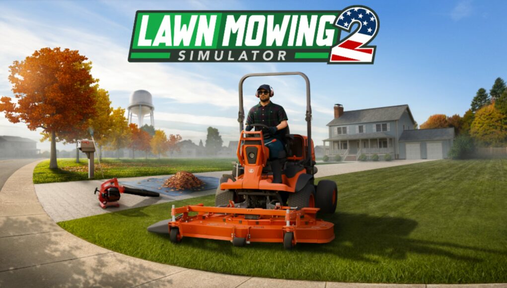 lawn-mowing-simulator-2-arvostelu Lawn Mowing Simulator 2 -pelin promokuva, jossa kuljettaja ajaa oranssia päältä ajettavaa ruohonleikkuria esikaupunkialueen talon edustalla aurinkoisena päivänä, taustalla näkyy omakotitalo ja syksyisiä puita.