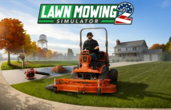 Lawn Mowing Simulator 2 -arvostelu – märkä ruoho tekee hommasta aina vähän sotkuisempaa Lawn Mowing Simulator 2 -pelin promokuva, jossa kuljettaja ajaa oranssia päältä ajettavaa ruohonleikkuria esikaupunkialueen talon edustalla aurinkoisena päivänä, taustalla näkyy omakotitalo ja syksyisiä puita.
