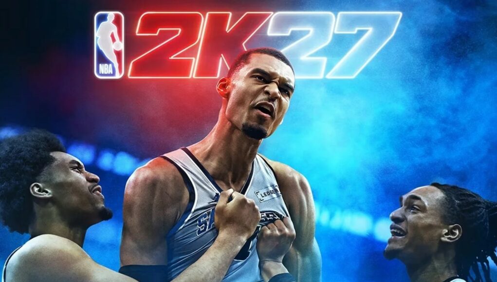nba-2k27-arvostelu NBA 2K27 -pelin kansikuva tai promokuva, jossa Victor Wembanyama juhlii keskellä joukkuetovereiden ympäröimänä taustallaan sinipunanen valaistus ja iso 2K27-logo.