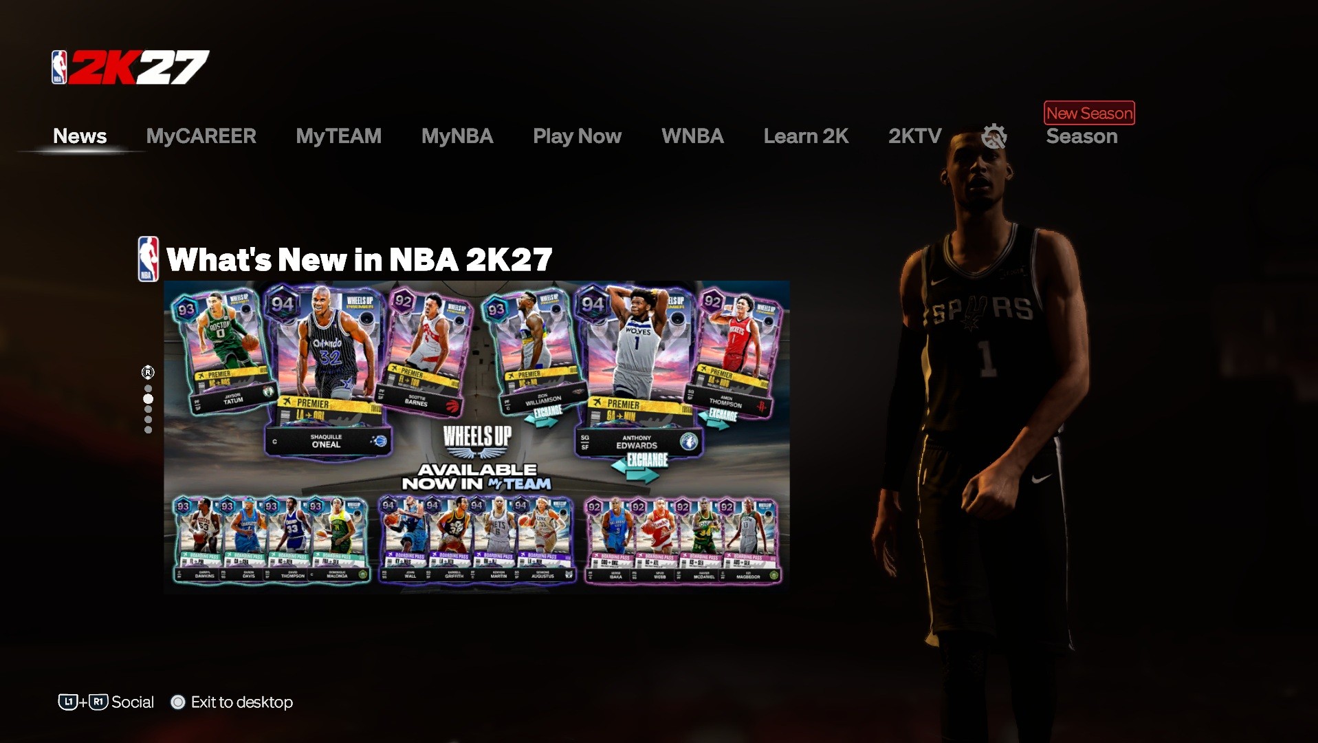 NBA 2K27 -pelin päävalikkonäkymä, jossa näkyvät pelin valikkovälilehdet yläreunassa sekä "What's New in NBA 2K27" -päivitysikkuna esitellen MyTEAM-korttipakkoja ja pelaajahahmoja.