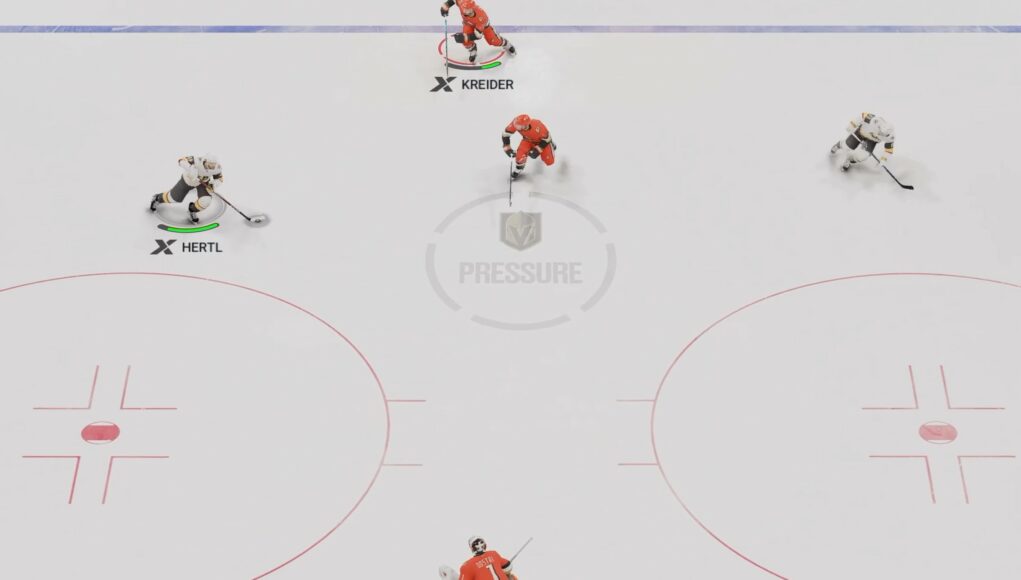 nhl-27 Yläviistosta kuvattu jääkiekkopelin pelitilanne, jossa hyökkäävän joukkueen pelaajat (muun muassa nimillä Hertl ja Kreider merkityt hahmot) pyörittävät peliä vastustajan puolustusalueella maalin edessä.
