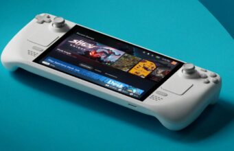 Valve kertoo viimein, mitä Steam Deck 2:lle kuuluu Valkoinen Steam Deck -käsikonsoli, jonka näytöllä näkyy pelikirjasto, asetettu turkoosille taustalle.
