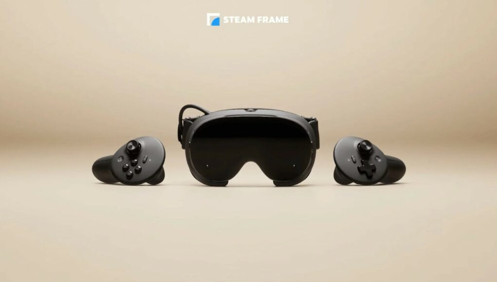 Steam Frame -virtuaalilasit ja kaksi mustaa ohjainta asetettuina vaalealle taustalle yläreunassaan Steam Frame -logo.