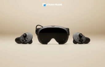 Valve Steam Framen tilausjono avautui – mitä uusi VR-laite maksaa? Steam Frame -virtuaalilasit ja kaksi mustaa ohjainta asetettuina vaalealle taustalle yläreunassaan Steam Frame -logo.