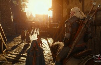 The Witcher 3: Wild Hunt -remasteroinnista tuli välittömästi huippuarvosanat saanut mestariteos The Witcher 3: Wild Hunt Remastered -pelin kuvakaappaus, jossa valkohiuksinen noituri Geralt ratsastaa hevosella halki keskiaikaisen kylän katuosuuden ilta-auringon lämpimässä valossa, selässään kaksi miekkaa ja taustalla näkyy muita kyläläisiä.