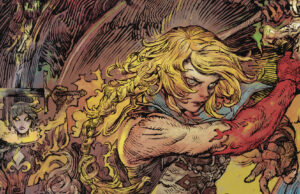 Castlevania: Belmont’s Curse -arvostelu – Metroidvanian Vania-puoli palaa pyhä ruoska heiluen! Yksityiskohtainen, sarjakuvamainen taidekuva, jossa vaaleatukkainen ja päättäväisen näköinen naissoturi pitelee raskaasti koristeltua miekkaa valmiina iskuun. Hänen vasen kätensä on muuttunut punaiseksi ja demoniseksi, ja taustalla näkyy liekkien ympäröimä tummahiuksinen hahmo miekkoineen sekä synkkä hirviömäinen varjo.