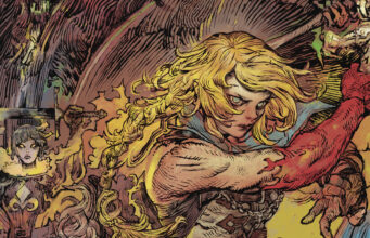 Castlevania: Belmont’s Curse -arvostelu – Metroidvanian Vania-puoli palaa pyhä ruoska heiluen! Yksityiskohtainen, sarjakuvamainen taidekuva, jossa vaaleatukkainen ja päättäväisen näköinen naissoturi pitelee raskaasti koristeltua miekkaa valmiina iskuun. Hänen vasen kätensä on muuttunut punaiseksi ja demoniseksi, ja taustalla näkyy liekkien ympäröimä tummahiuksinen hahmo miekkoineen sekä synkkä hirviömäinen varjo.