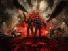 Gears of War: E-Day -arvostelu – Verta, suolenpätkiä sekä testoa ilman horkkaaaaaa!!!! Gears of War: E-Day -pelin synkkä artikkelikuva, jossa Marcus Fenix ja Dom Santiago seisovat raskaissa haarniskoissaan ja aseistettuina raunioituneella kadulla. Heidän taustallaan maasta kohoaa hehkuvan punaisen savun keskeltä valtava monijalkainen Locust-hirviö, ja etualalla asfaltti halkeilee punaisena laavana muodostaen pääkallokuvion.