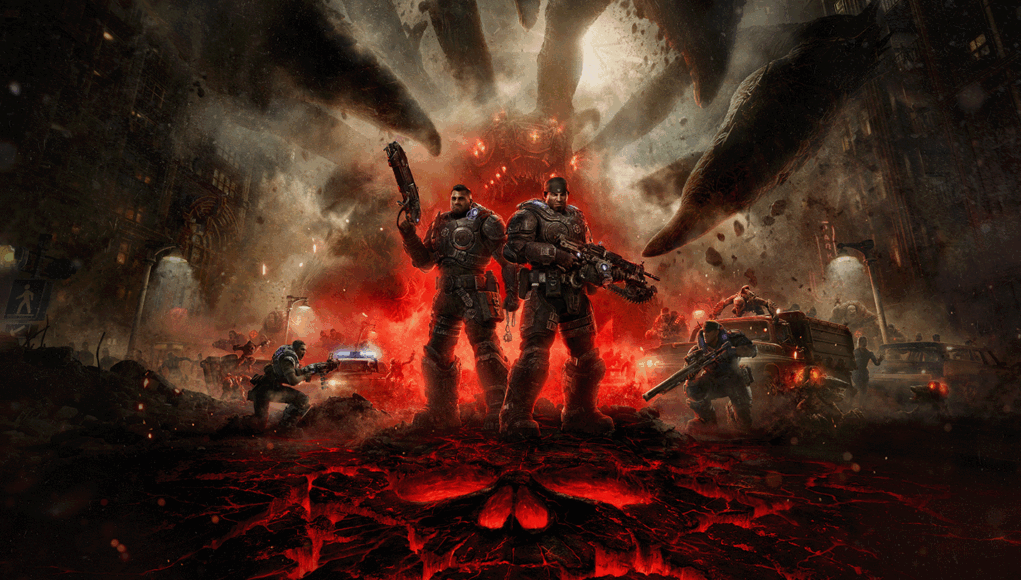 Gears of War: E-Day -pelin synkkä artikkelikuva, jossa Marcus Fenix ja Dom Santiago seisovat raskaissa haarniskoissaan ja aseistettuina raunioituneella kadulla. Heidän taustallaan maasta kohoaa hehkuvan punaisen savun keskeltä valtava monijalkainen Locust-hirviö, ja etualalla asfaltti halkeilee punaisena laavana muodostaen pääkallokuvion.