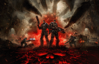 Gears of War: E-Day -arvostelu – Verta, suolenpätkiä sekä testoa ilman horkkaaaaaa!!!! Gears of War: E-Day -pelin synkkä artikkelikuva, jossa Marcus Fenix ja Dom Santiago seisovat raskaissa haarniskoissaan ja aseistettuina raunioituneella kadulla. Heidän taustallaan maasta kohoaa hehkuvan punaisen savun keskeltä valtava monijalkainen Locust-hirviö, ja etualalla asfaltti halkeilee punaisena laavana muodostaen pääkallokuvion.