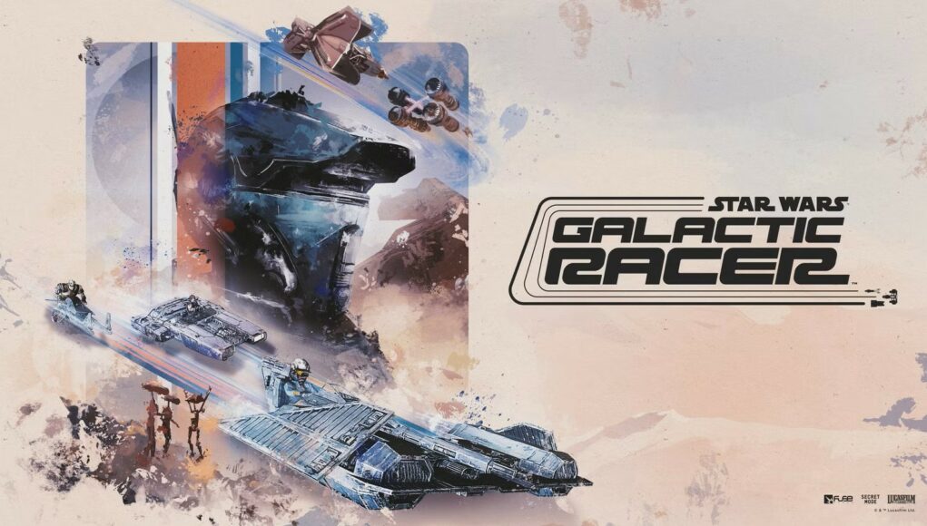 Taiteellinen Star Wars: Galactic Racer -pelin konsepti- ja artikkelikuva, jonka oikeassa reunassa on tyylitelty musta pelilogo. Vasemmalla ja keskellä näkyy retrohenkinen, akvarellimainen kuvitus useista aavikkotasangolla kiitävistä futuristisista kilpakiidättimistä, taustalla kohoavasta kypäräpäisestä hahmosta sekä hiekan keskellä seisovista droideista.