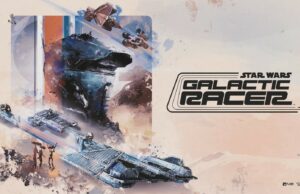 Star Wars: Galactic Racer -arvostelu – Täysillä päin kalliota, ihan mahtavaa! Taiteellinen Star Wars: Galactic Racer -pelin konsepti- ja artikkelikuva, jonka oikeassa reunassa on tyylitelty musta pelilogo. Vasemmalla ja keskellä näkyy retrohenkinen, akvarellimainen kuvitus useista aavikkotasangolla kiitävistä futuristisista kilpakiidättimistä, taustalla kohoavasta kypäräpäisestä hahmosta sekä hiekan keskellä seisovista droideista.