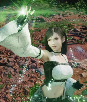 Final Fantasy 7 -ohjaaja: ”Yritin kaikkeni, mutta emme silti saaneet fyysistä levyä” Kuvassa on Final Fantasy VII -pelisarjasta tuttu Tifa Lockhart, jolla on yllään hänen tunnusomainen asunsa (valkoinen toppi, mustat käsineet ja pitkät hihansuut), ja hän loihtii tai käyttää taikuutta (vihreitä hiukkasia ja valoa kämmeneessään) ulkoilma-alueella, jossa on kivikkoa, maata ja kasvillisuutta.
